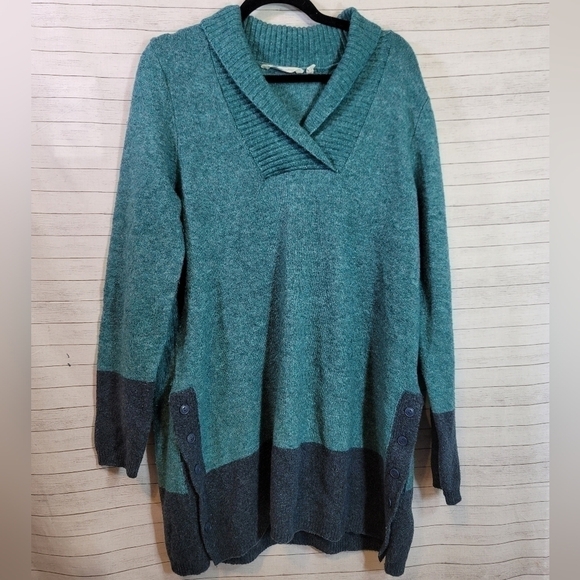 SOFT SURROUNDINGS COWL V NECK TUNIC LENGTH COLORBLOCK SWEATER, SZ LARGE - Picture 1 of 11